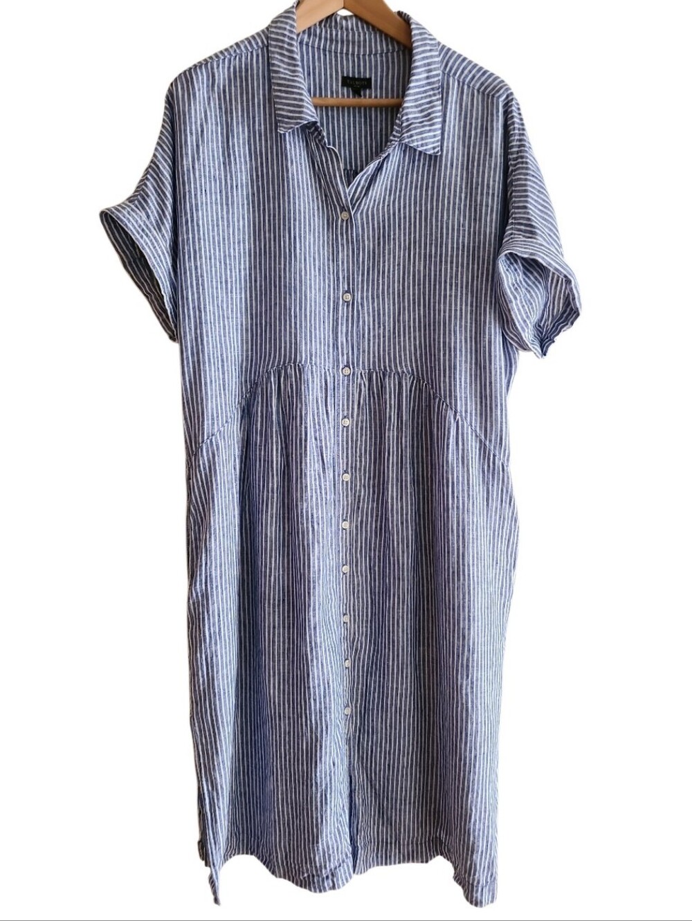 Talbots Petite Drop Waist 100% Linen Stripe Shirt Dress Blue White - Picture 3 of 17